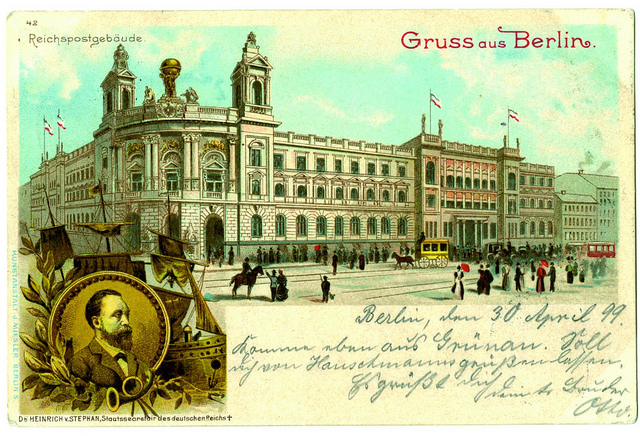 Postkarte mit dem Reichpostmuseum, dem benachbarten Reichspostamt und einem Portrait Heinrich von Stephans, um 1899